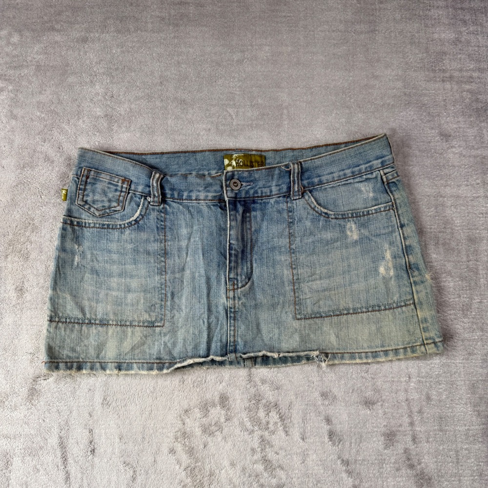 Hollister Mini Skirt Womens 9 Blue Denim Low Rise Distressed Y2K Micro Skirt